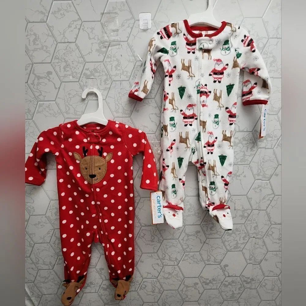 Nwt Girls Christmas Fleece Footed Pajamas Bundle, By Carter's. Size 6 months